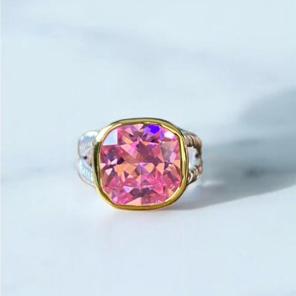 Twisted Cable Wire Two Tone Cushion Cut CZ Statement Ring Size 7 New